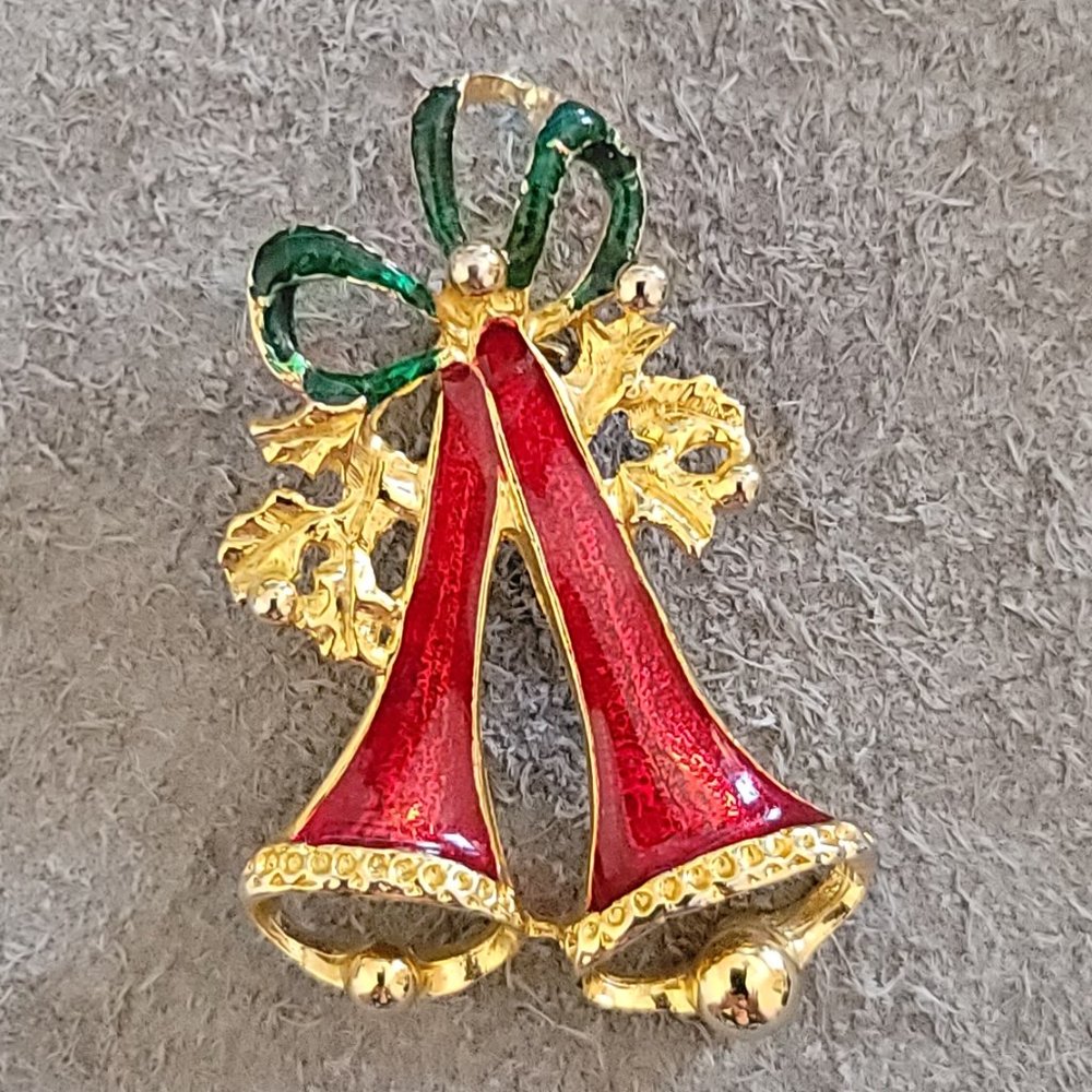 Gold Tone Christmas Bells Enamel Style Pin Brooch  2" x 1 1/2" Red Green Cute